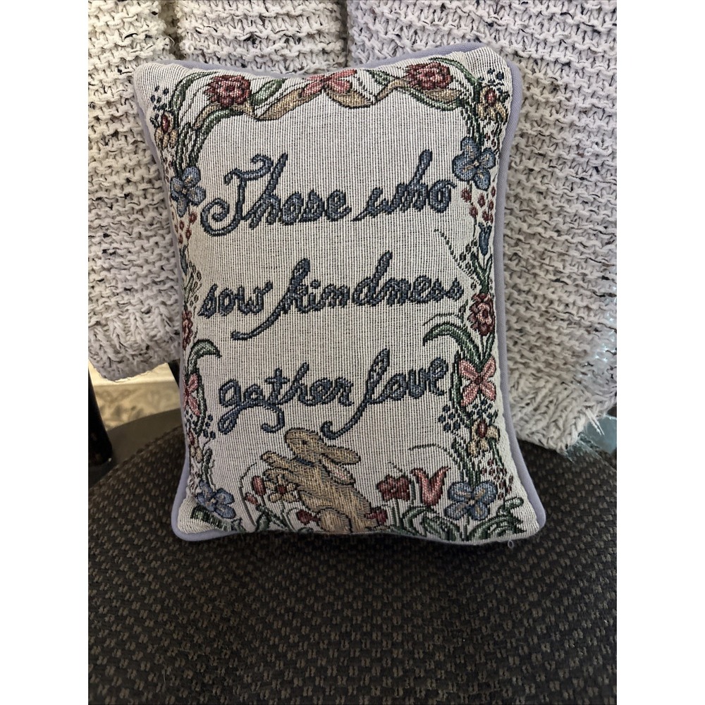 Vintage Woven Tapestry Bunny Rabbit Quote Pillow Sow Kindness Gather Love 12x9